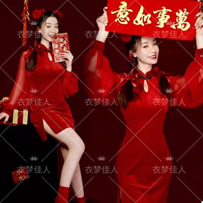 影楼写真服装新年主题红色少女中国风旗袍艺术照春节拍照摄影服装