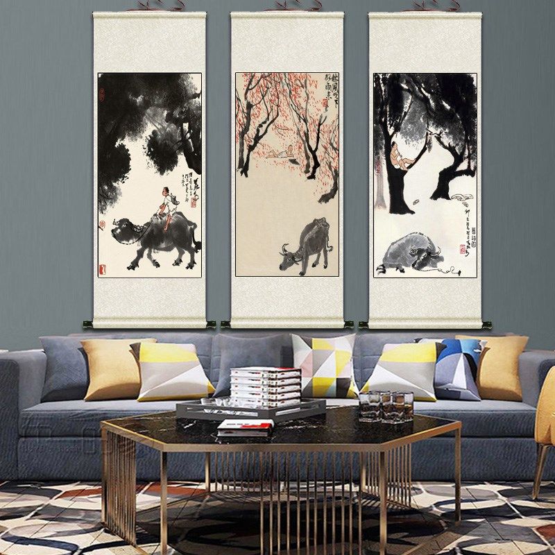 李可染牧牛图国j画水墨画丝绸卷轴挂画客厅书房装饰画茶楼壁画字,家居饰品,国画,淘宝优惠券,粉丝福利购,淘宝优惠卷