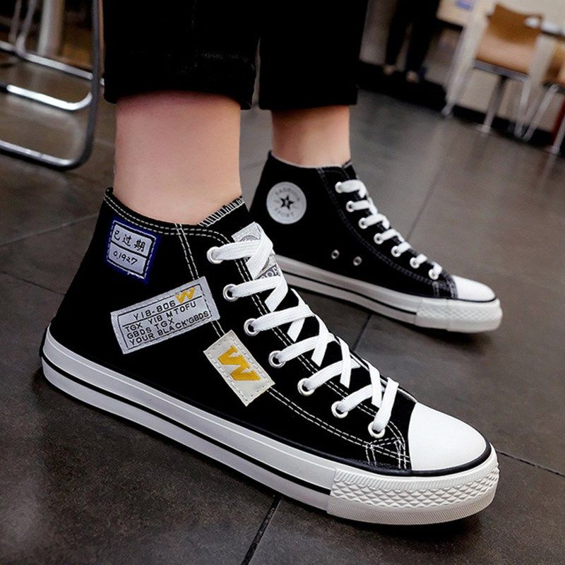 鞋子男韩版潮流百搭高帮帆布鞋黑学生夏天透气2024新款板鞋青少年,流行男鞋,高帮鞋,淘宝优惠券,粉丝福利购,淘宝优惠卷