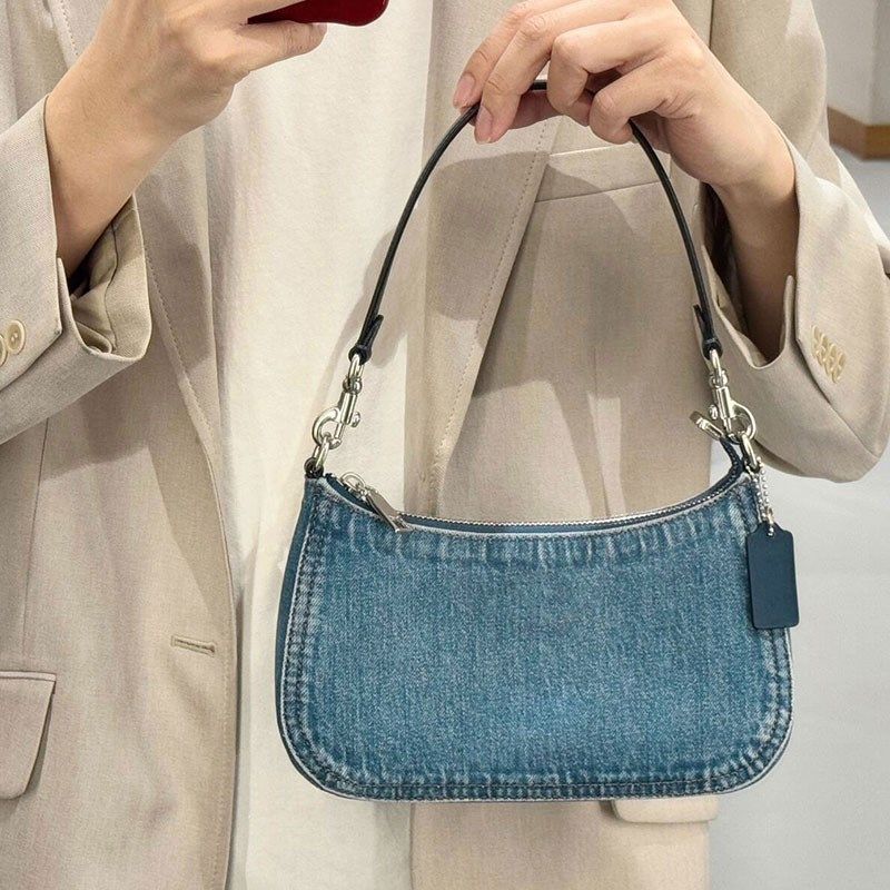 单宁牛仔蓝单肩腋下小包包2025新款法棍包高级感手提小包包麻将包
