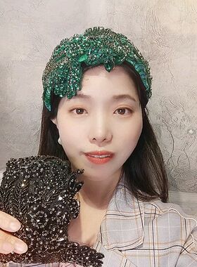 复古刺绣手缝绿色水晶发箍女宽边压发镶钻头箍女带齿防滑发卡高级