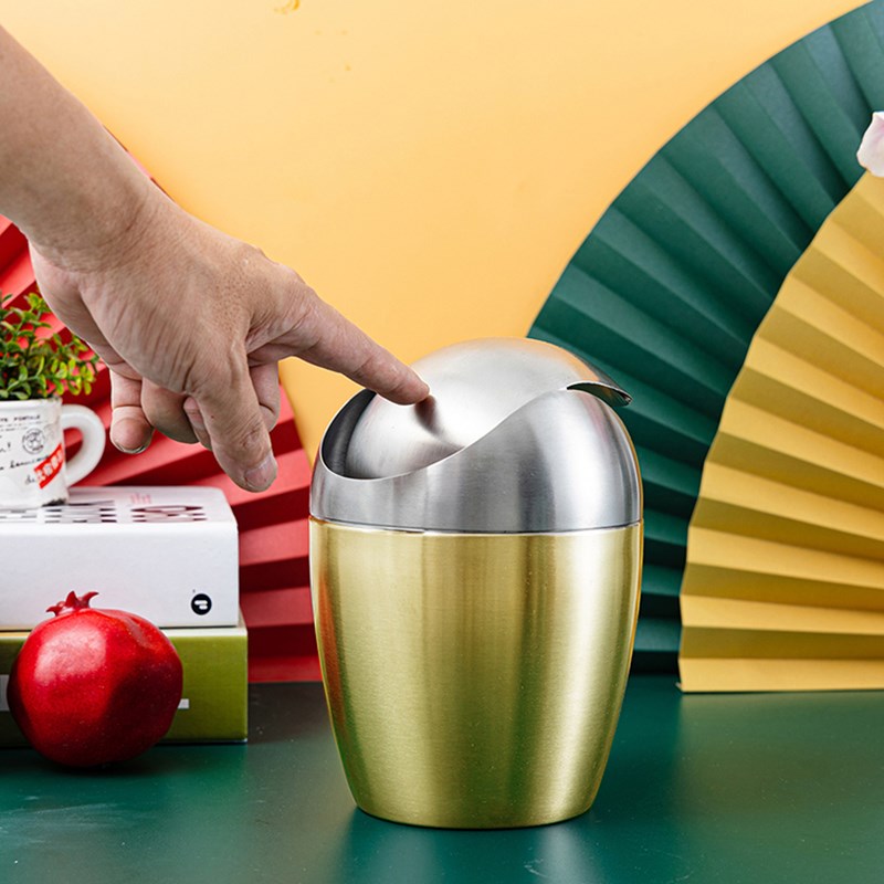 304不锈钢桌面垃圾桶轻奢风办公桌小号家用高颜值台面桌上收纳筒