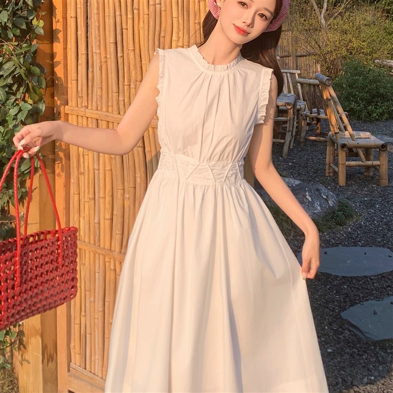 韩版2025夏季新款木耳边松紧收腰设计圆领无袖纯棉洋气长连衣裙