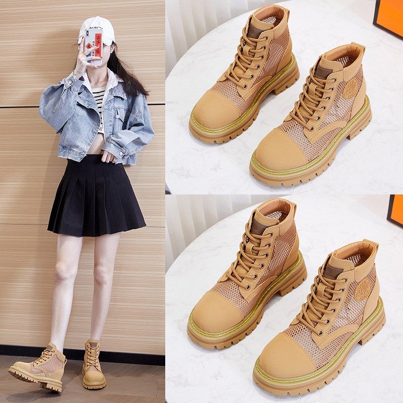 内增高厚底马丁靴女2025春季新款薄款镂空透气网面登山短靴大黄靴,女鞋,马丁靴,淘宝优惠券,粉丝福利购,淘宝优惠卷