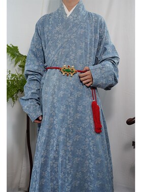 惜物国风 明制汉服蓝色牛仔提花E明初圆领交领打褶长衫春秋款