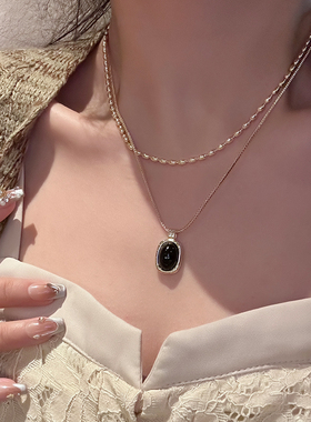 双层气质叠戴金属黑色珠珠项链小众轻奢高级感短款颈链锁骨链配饰