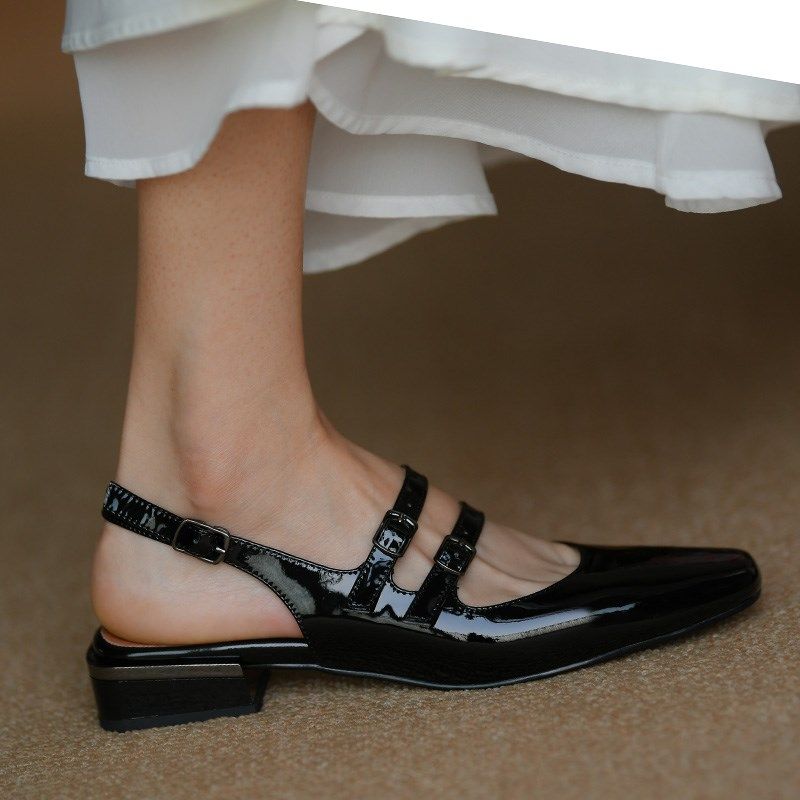 包头凉鞋女平跟方头女鞋夏季漆皮平底一字扣带黑色浅口后空鞋女,女鞋,时装凉鞋,淘宝优惠券,粉丝福利购,淘宝优惠卷