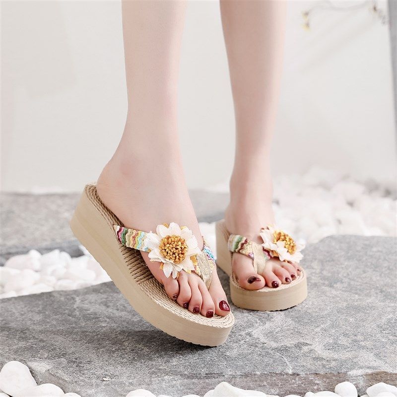 花朵人字拖女松糕厚底有花仿草编坡跟F拖鞋夏天外穿海边沙滩凉拖,女鞋,人字拖,淘宝优惠券,粉丝福利购,淘宝优惠卷