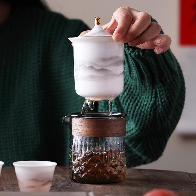 远山旅行茶杯茶具小套装玻璃户外便携式一壶三杯陶瓷快客杯泡茶壶