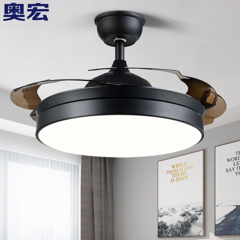 北欧吊扇灯餐厅隐形扇简约客厅电扇吊灯卧室护眼变频黑色风扇灯风