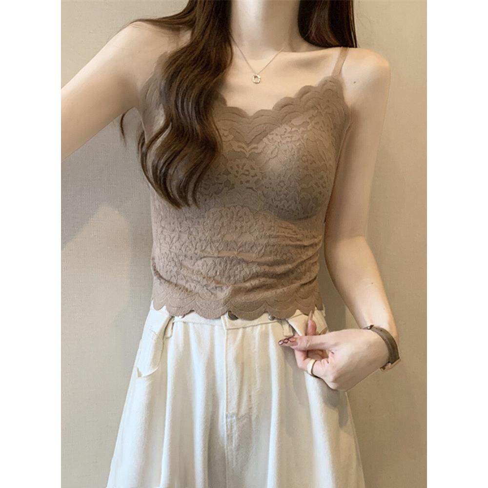 蕾丝吊带背心女带胸垫短款修身V领抹胸内搭打底文胸一体美背内衣