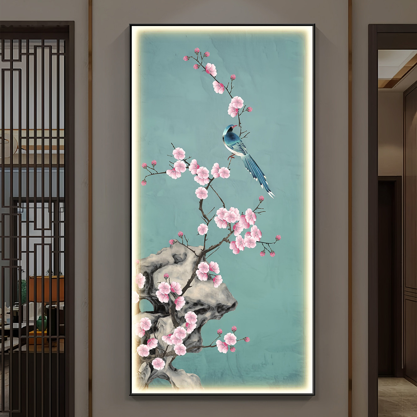 喜上梅梢挂画 画玄关装饰画 画新中式喜鹊入户走廊过道背景墙壁画