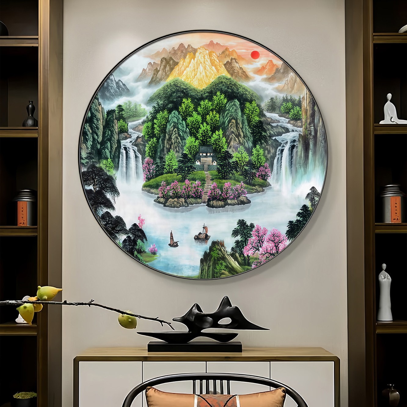 圆形流水生财山水画聚宝盆挂画玄关走廊过道富水长流八方来财画