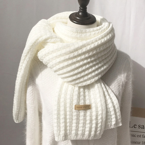 韩版百搭纯白色围巾女冬季毛线针织加厚保暖米色学生围脖可爱情侣