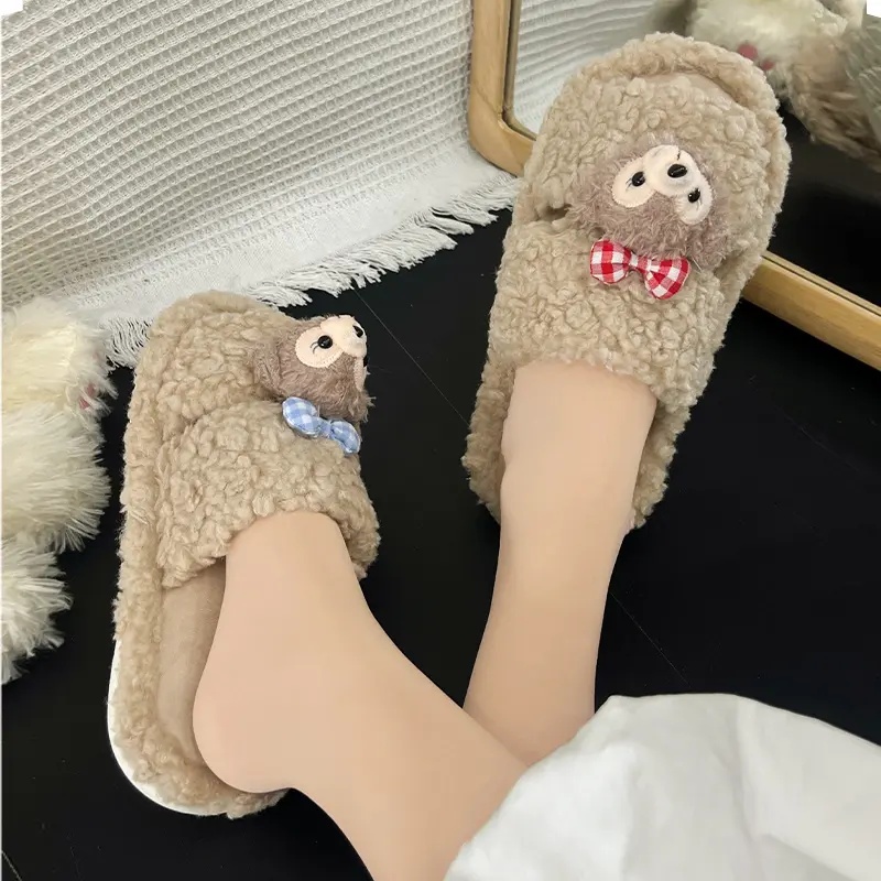 秋冬季保暖居家室内女一字棉拖鞋防滑厚底毛绒毛毛拖鞋女冬日穿搭