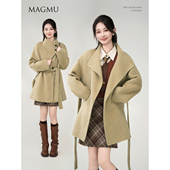 新款 双面呢羊毛大衣女绿色中长款 高级气质外套秋冬 远萤 麦格牧