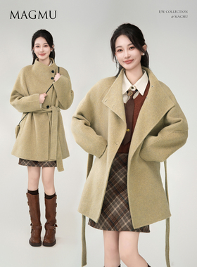 麦格牧【远萤】双面呢羊毛大衣女绿色中长款新款高级气质外套秋冬