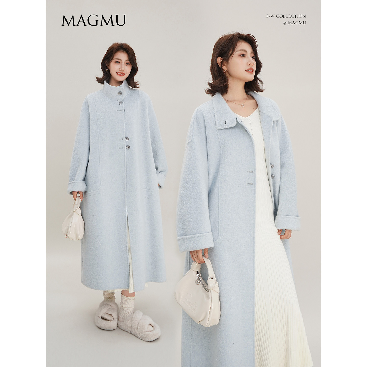 麦格牧【初雪】羊毛双面呢大衣女中长款秋冬小个子山羊绒呢子外套