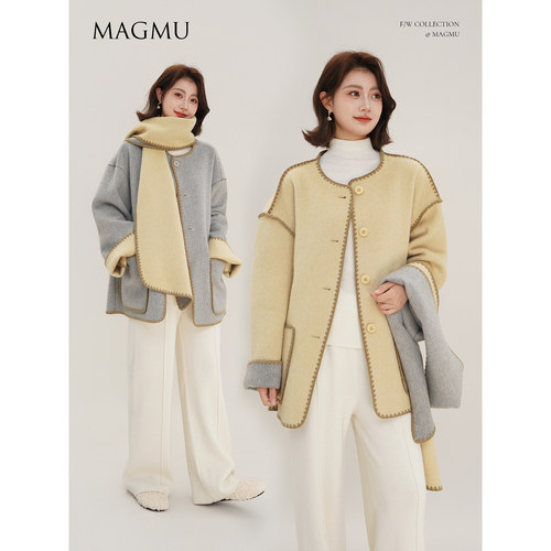 麦格牧【双子星】双面双色羊毛呢大衣女廓形短款外套25年秋冬新款