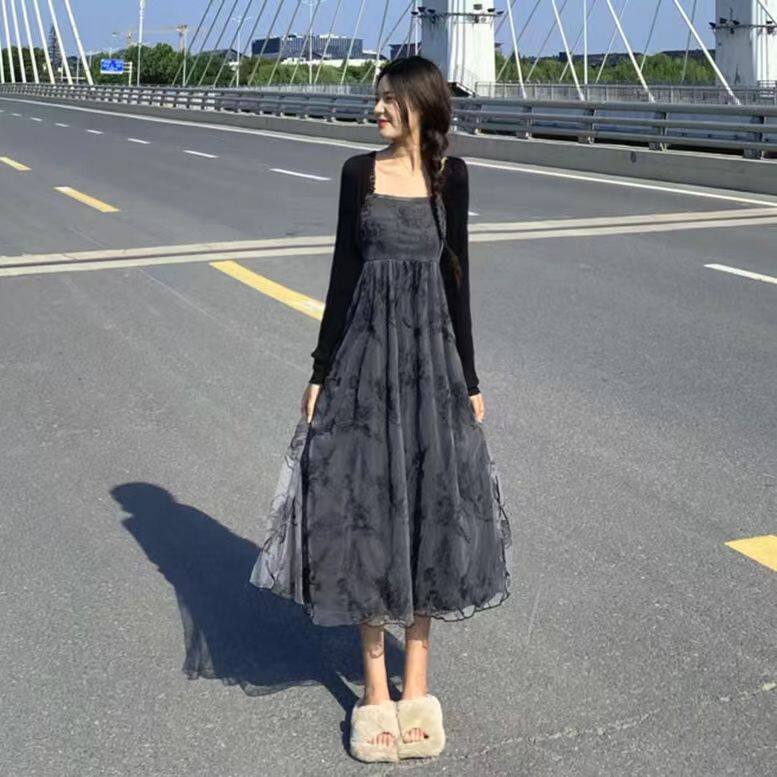 气质温柔套装女2025春季新款针织披肩+刺绣网纱吊带连衣裙两件套