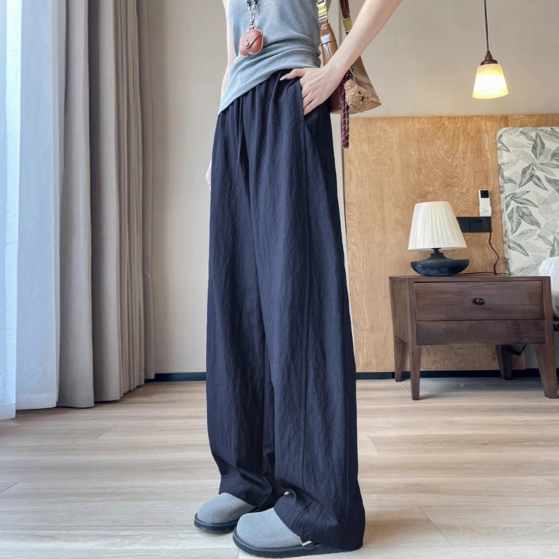 藏青色冰丝休闲裤女2025新款夏季薄款大码宽松显瘦垂感速干阔腿裤