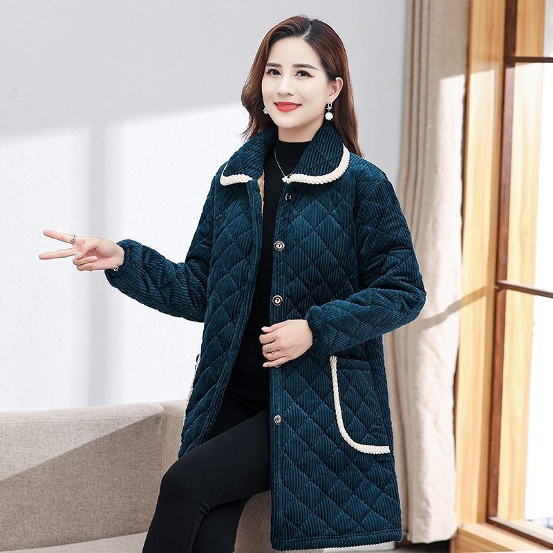 四川省服胖人棉衣外套棉服中长款冬季罩衣女加绒加厚灯芯绒保暖