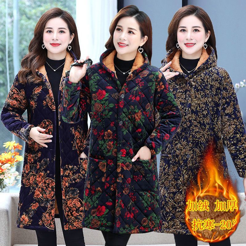 四川省服新款妈妈装棉衣女加绒加厚棉服中老年女装中长款棉衣外套