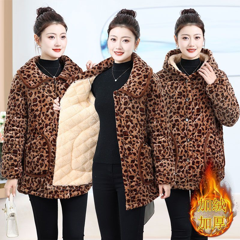 四川省服新款妈妈豹纹加绒加厚棉衣保暖棉服中老年女时尚居家豹纹