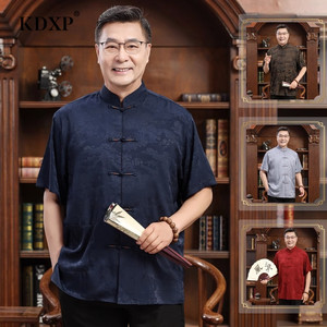 香云纱唐装男中老年夏季桑蚕丝短袖爸爸装中式休闲冰丝大码两件套