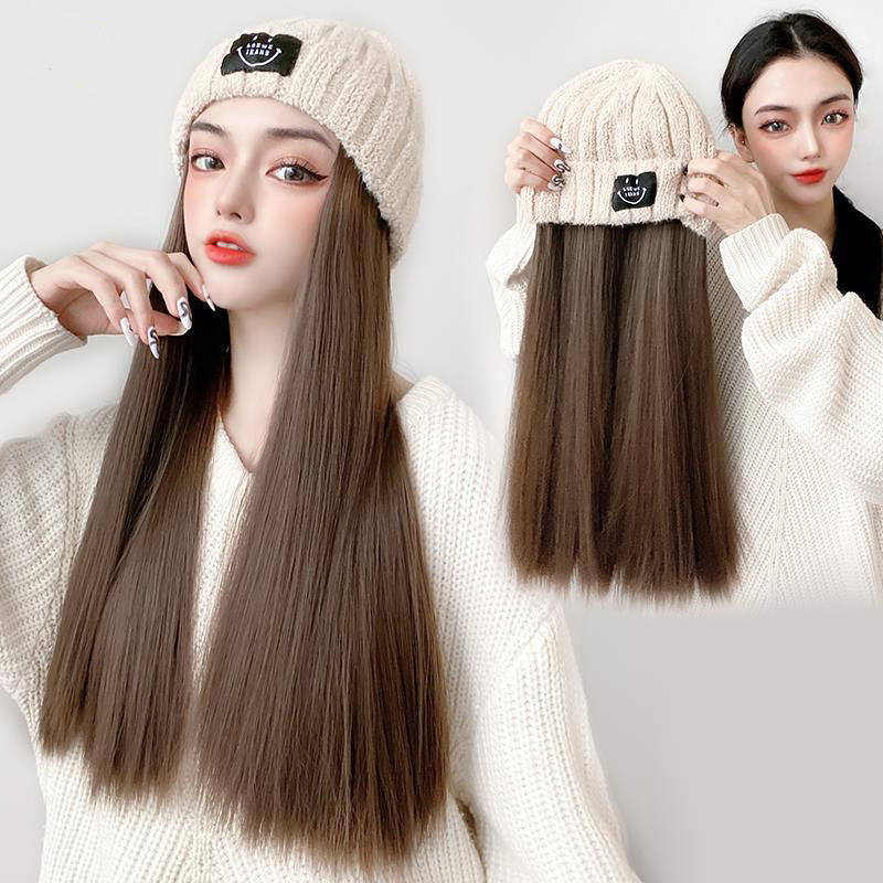 笑脸毛线帽子假发女长可拆