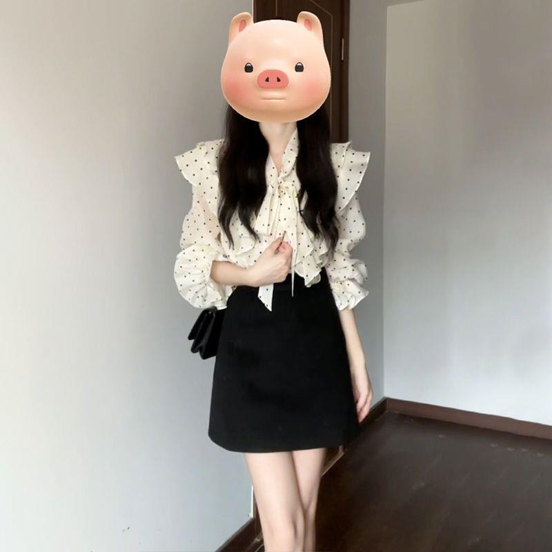 法式杏色波点衬衫+黑色半身裙女2025年春季新款韩版设计感套装潮