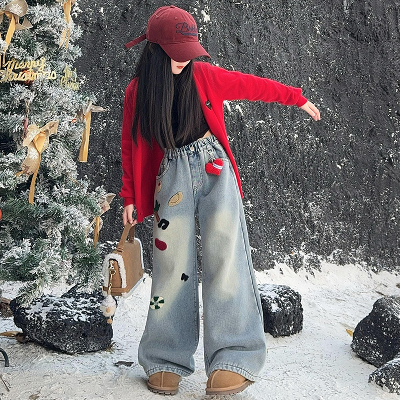 宽阔腿牛仔裤女童潮宝流行潮流长裤超酷简约潮童超好看直筒裤外穿