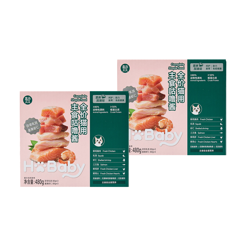 盒马 全价猫用主食咕噜酱 鸡肉茯苓乳鸽+鸡肉姜黄虾仁 80g*12袋