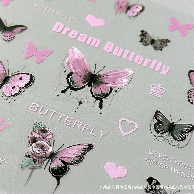 黑粉中式蝴蝶可爱手账防水咕卡手账贴纸桌面装饰贴画美甲透明贴纸图片