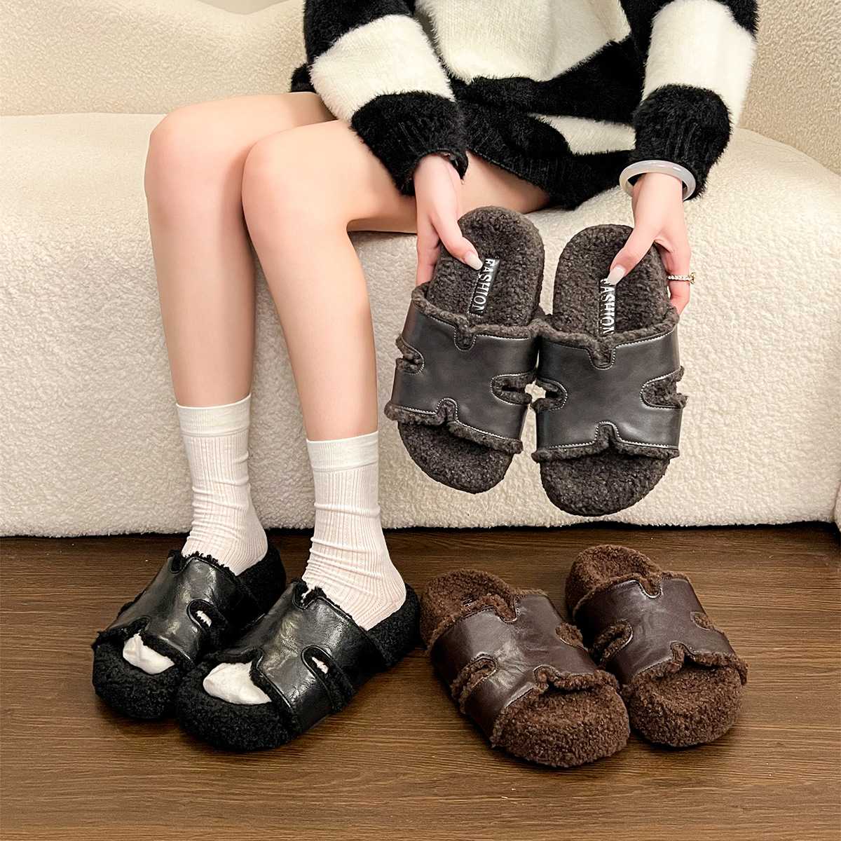 法式厚底毛毛拖鞋女秋冬外穿毛绒