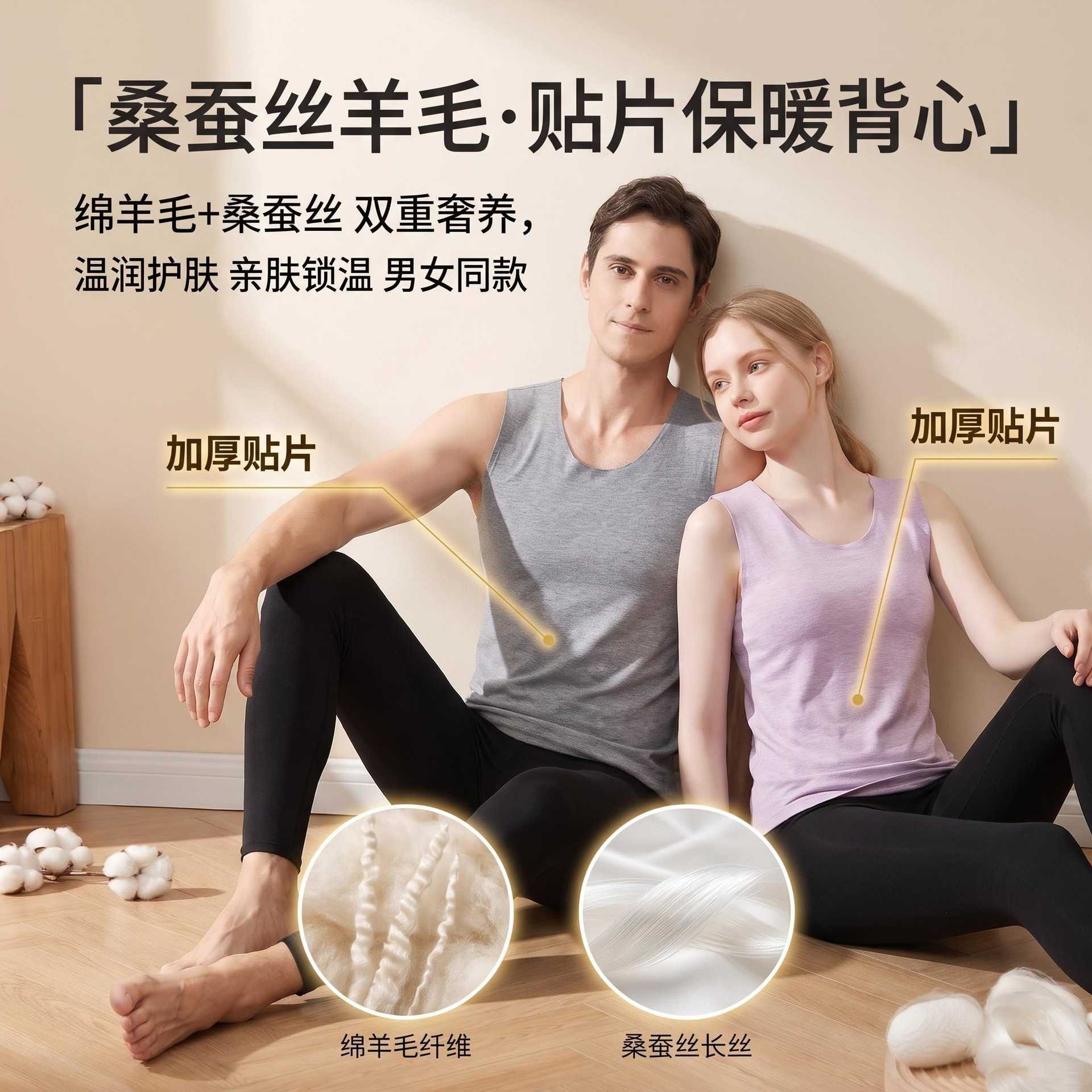 贴片保暖背心男女蚕丝绵羊毛无袖