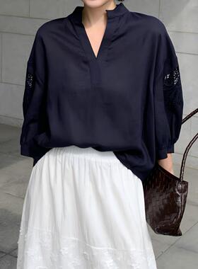 【文颖Eve】V领小立领七分灯笼袖衬衫H53387-LY