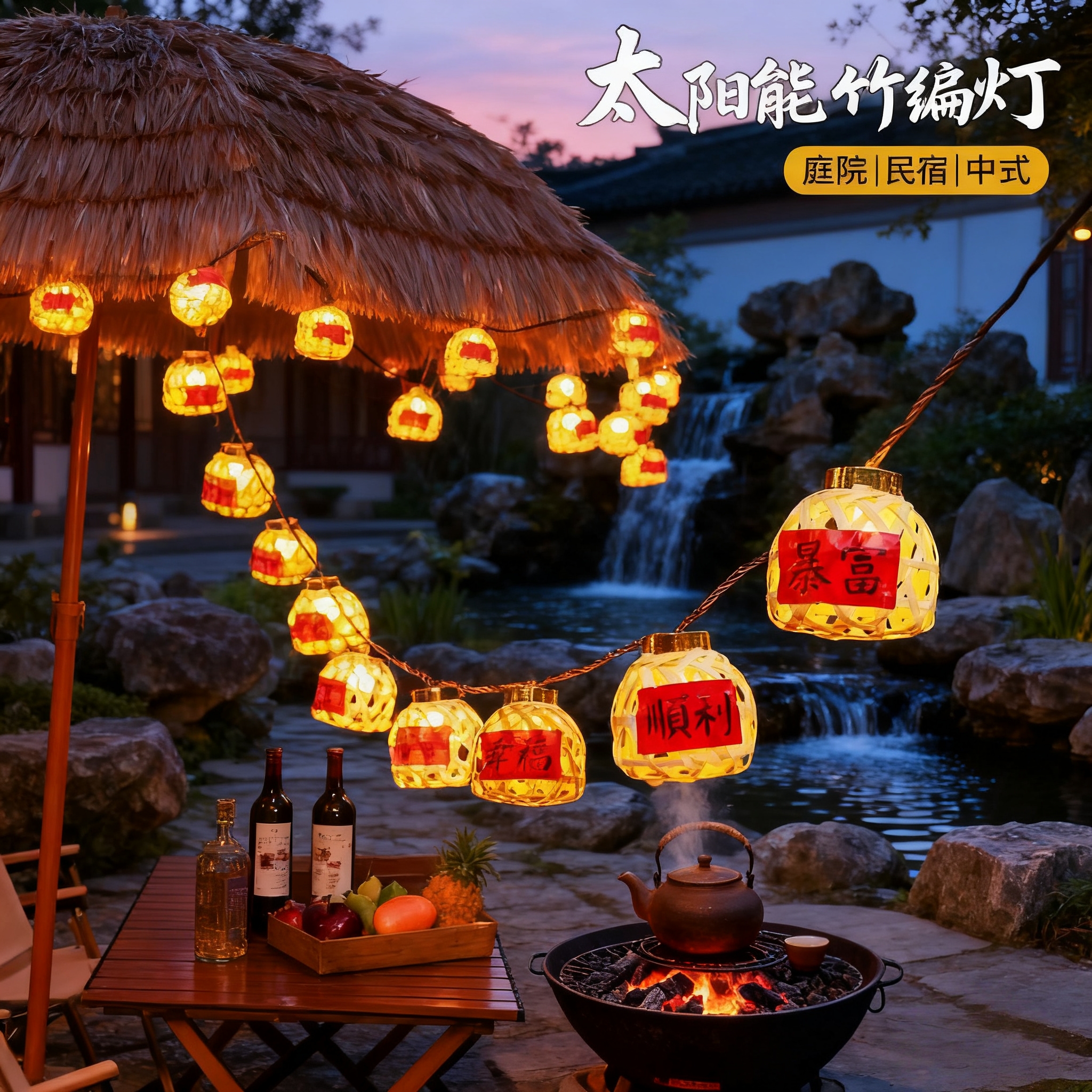 新款太阳能竹编灯笼春节氛围灯leb彩灯户外灯串阳台挂树灯装饰灯