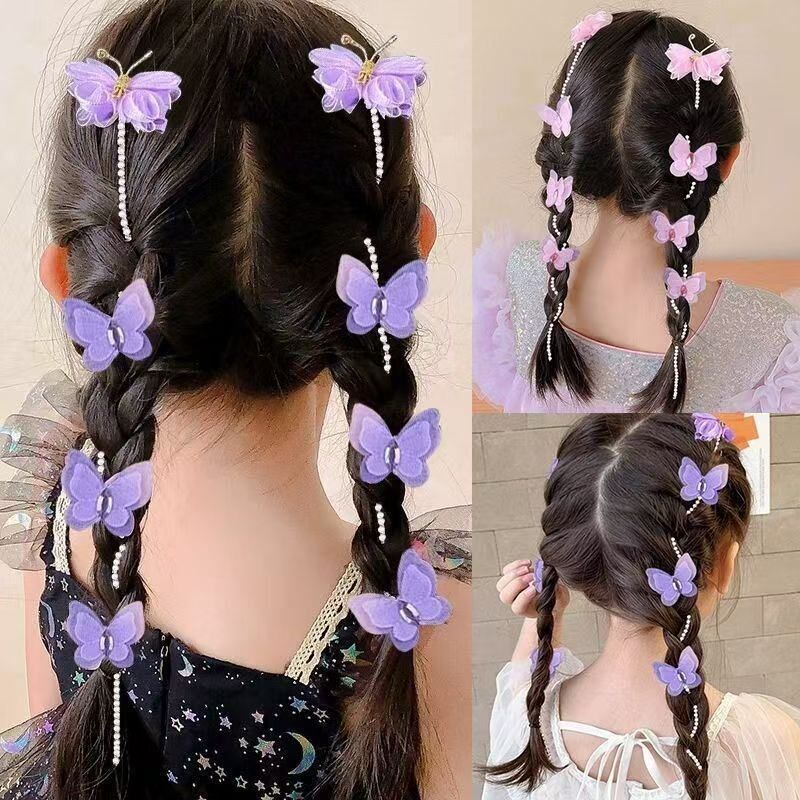 儿童发夹粉色珍珠蝴蝶编发链小女孩流苏编发绳甜美发卡公主头饰