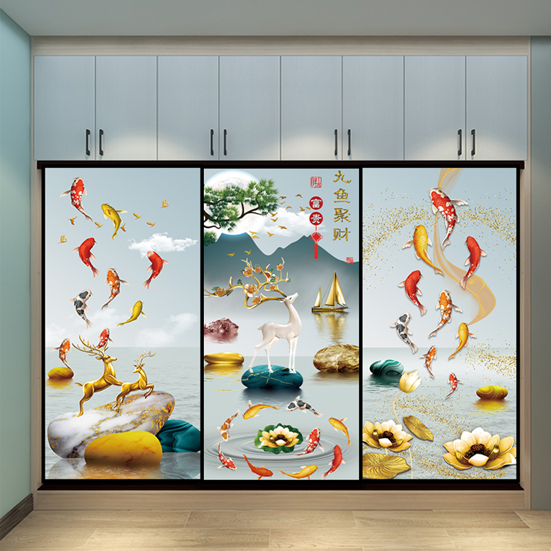 衣柜移门玻璃贴纸新中式客厅装饰麋鹿卧室窗户全遮光防晒磨砂贴膜