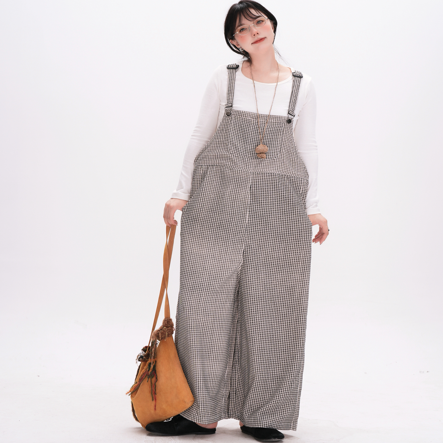 李迪菲 时尚百搭连体裤女宽松显瘦休闲背带裤黑白格子连体衣秋冬