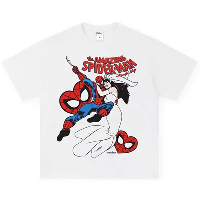 蜘蛛侠SpiderMan美式漫威复古宽松潮牌男女学生成人短袖T恤纯棉