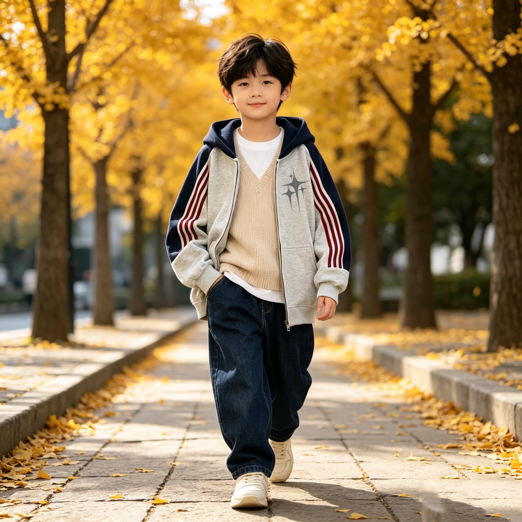 男童拼色连帽外套春秋中大童撞拉链开衫儿童宽松休闲运动卫衣外套