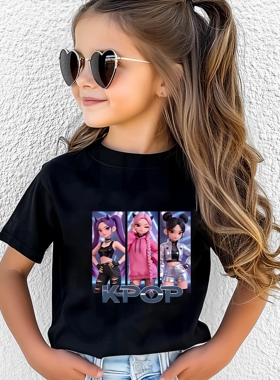 热销爆款HUNTRX 猎魔女团卡通印花女童纯棉短袖中大童女孩宽松T恤