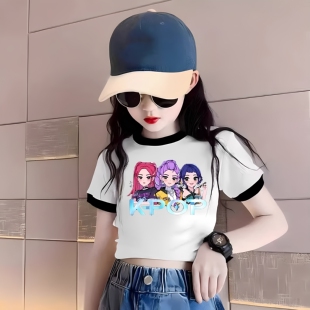 KPOP猎魔女团修身纯棉女童短袖t恤短款高腰童装爵士舞儿童插色衣