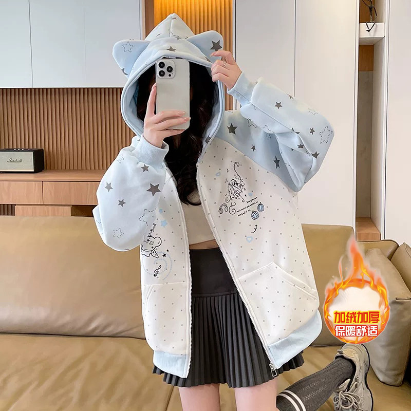 女童灰色星星连帽外套2026新款开衫春秋中大儿童条纹宽松拉链卫衣