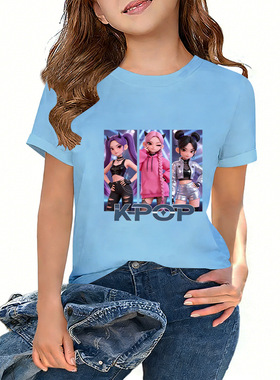 HUNTRX猎魔女团动画印花女童纯棉休闲短袖上衣中大童宽松夏装T恤