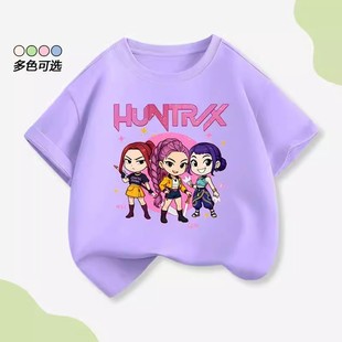 kpop demon hunters猎魔女团圆领短袖夏季宽松T恤中大童休闲上衣