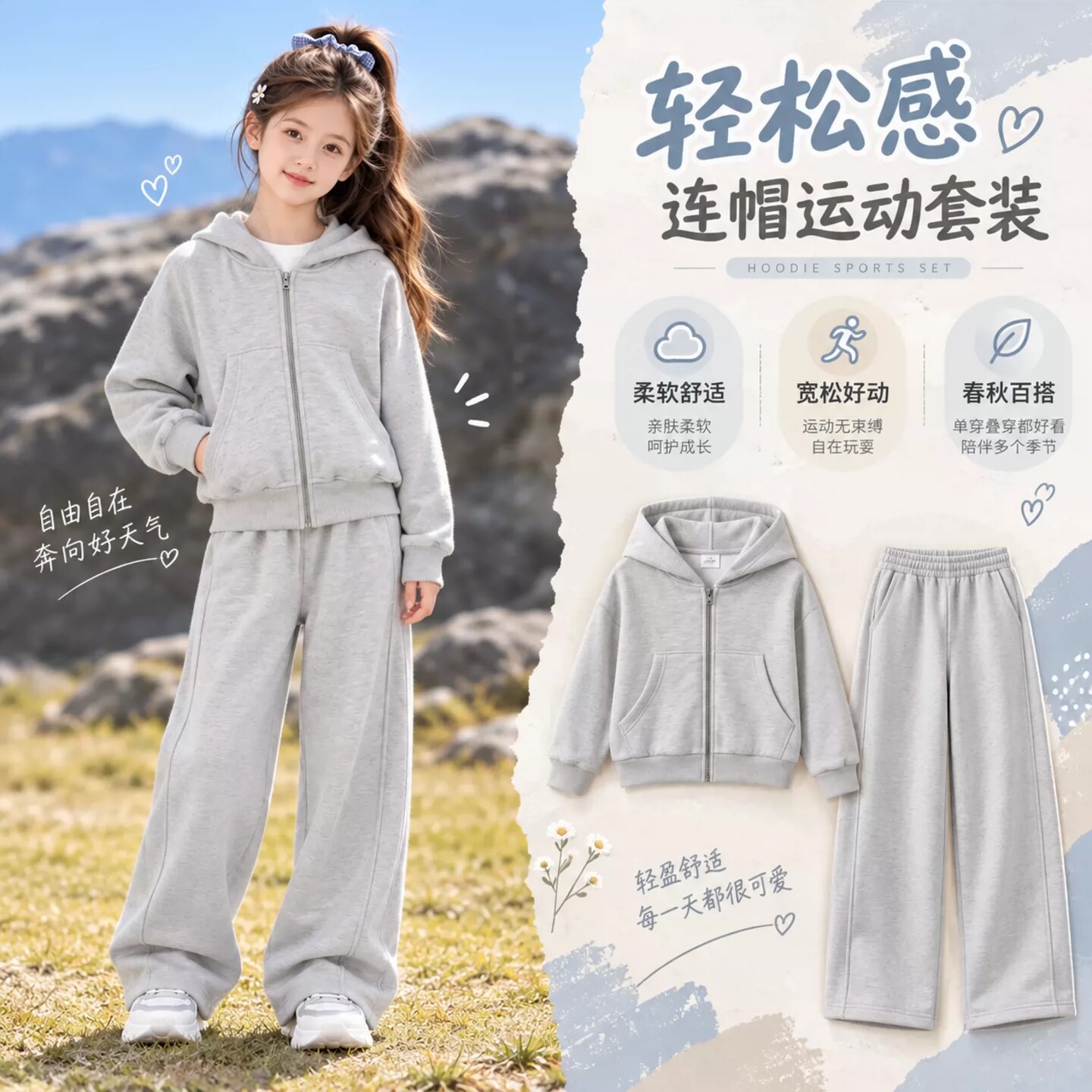 少女大童秋季套装女孩休闲穿搭运动风儿童连帽开衫卫衣卫裤两件套