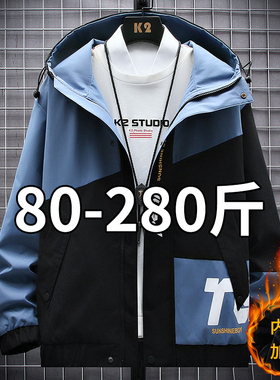 潮牌外套男秋冬款大码男装加绒加厚工装夹克加肥加大胖子上衣冬天